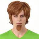 QACCF Men's Short Brown Layered Wavy Style Synthetic Shaggy Costume Men Wig with Goatee