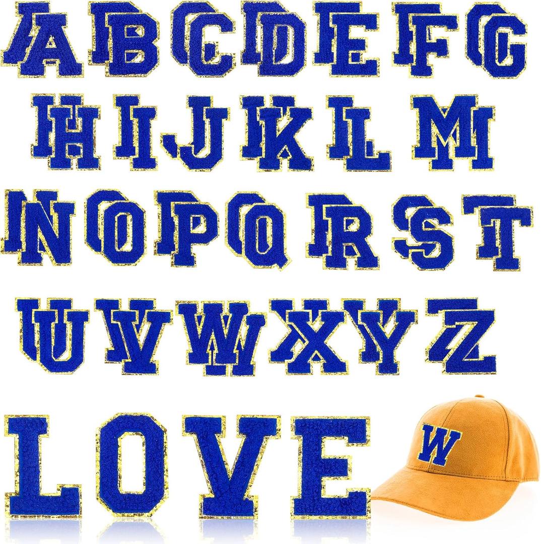 WILLBOND 52 Pcs Self Adhesive Chenille Letter Patches, 2.2/2.8 Inch A-Z Embroidered Alphabet Stickers for Clothes Bags Hats DIY Craft Supplies Christmas Personalized Gifts(Dark Blue,2.2 Inch)