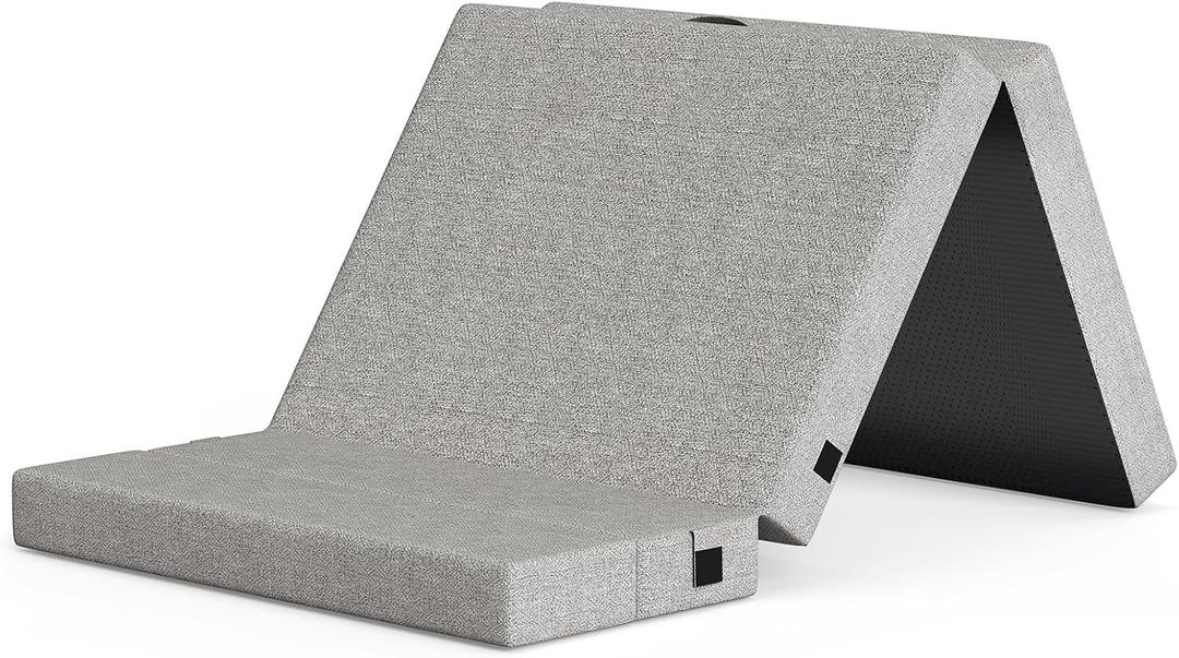 Folding Mattress Twin, 4 Inch Firm Portable Mattress for Pressure Relief, Foldable Sofa Bed Topper with Storage Bag, Indoor/Outdoor Use, Washable Linen Cover & Handle Design, Gray