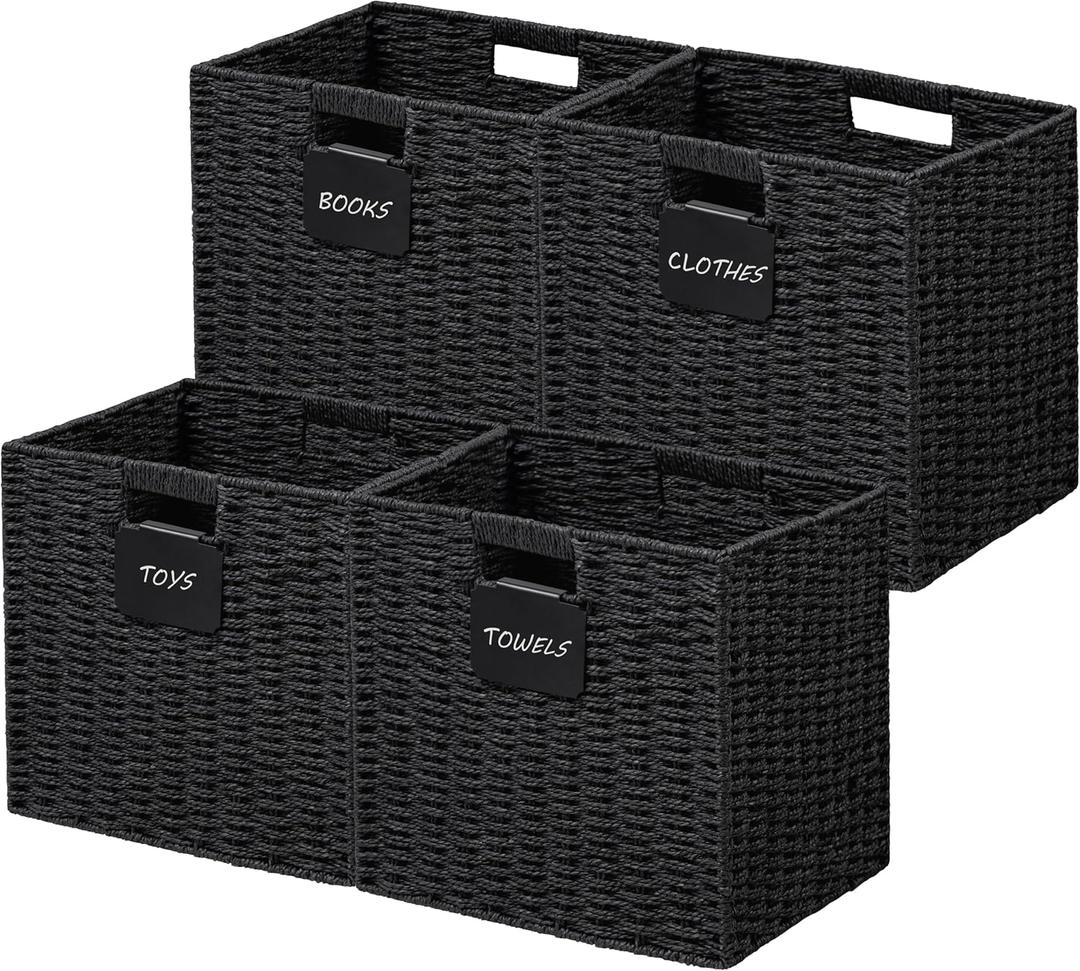UBBCARE 4 Pack Wicker Basket, 1212 Storage Cubes with Label, Foldable Cube Storage Bin with Handle, Square Storage Basket for Shelves, Woven Paper Rope Basket for Organizing, Black (4pack-12L12H11.2W)