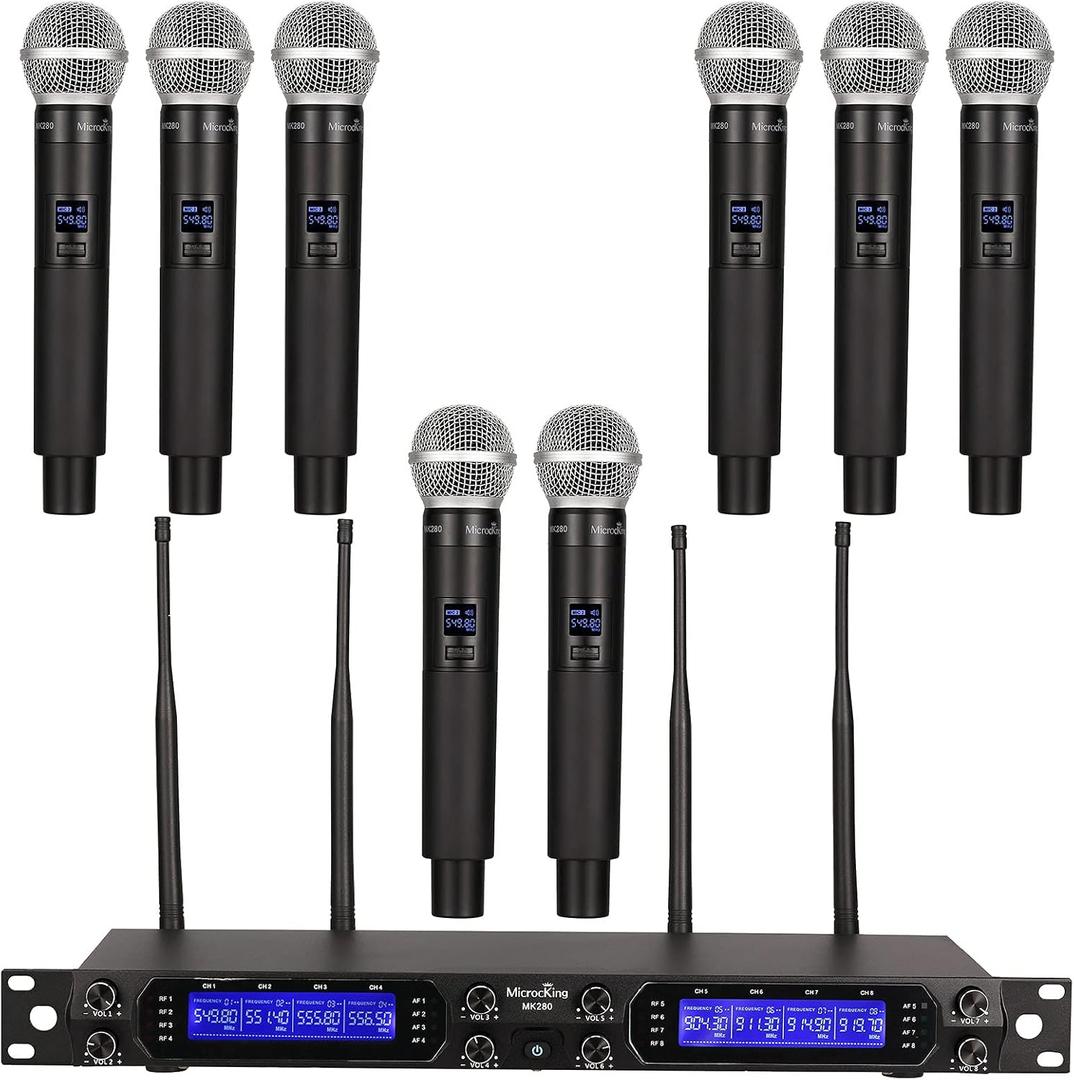 MicrocKing Wireless Microphone System, 8-Channels UHF Cordless Dynamic Handheld Mics, Long Range 400ft, Auto Connect, Ideal for Karaoke Party Wedding Speech and Outdoor Events