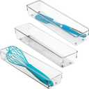 iDesign Plastic Drawer Organizer Bins - Storage for Kitchen, Bathroom, and Desk Drawers - Set of 3 - Clear
