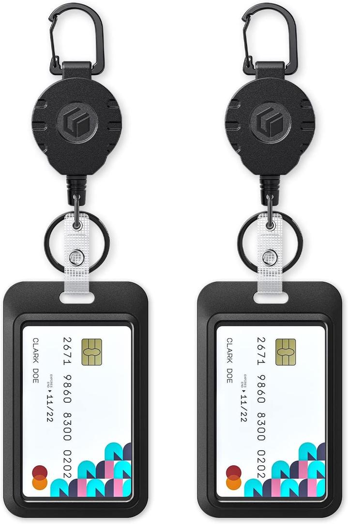 Uniclife 2 Pack Sliding Badge Holder Vertical Plastic Case with Retractable Keychain Badge Reel for up to 8 oz Hard Card Protector for ID Credit Cards Proximity Key Cards Drivers Licenses and Passes