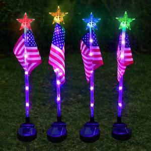 US Flag Solar Garden Lights, 4 Pack 24 LED 7 Color Changing American Flag Landscape Light, 4th of July Outdoor Decor Star Solar Stake Lights for Yard Patio Walkway Pathway (4)