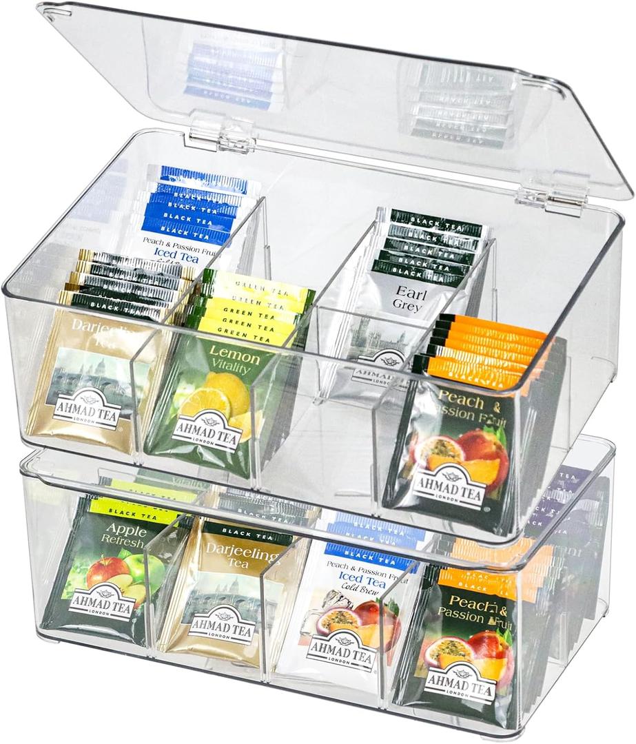 Plastic Clear Storage Containers, Set of 2 Tea Bag Organizer Boxes 8 Compartments with Lids, Underwear Tie Drawer Organizer, Dresser Organizer (10.873.7")