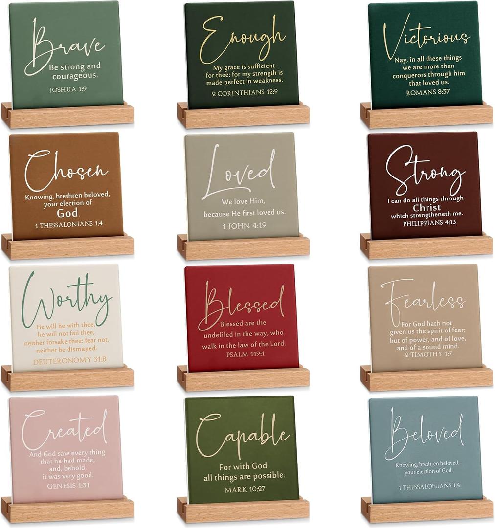 12 Pcs Christian Father's Day Desk Decor Bible Verse Plaque Religious Ceramic Table Sign with Wooden Stand Inspirational Faith Scripture Gift for Graduation Women Office Church Baptism (Warm Color)