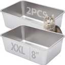 Stainless Steel Cat Litter Box 2 Pack,Metal Litter Box for Big Cats 8IN Deep, Metal Pet Toilet Easy to Clean,High Sided Litters Pan for Adult Cats,Non Stick, No Smell