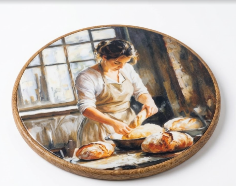 CUANFDDSF French Kitchen Women Cooking Round Wall Art, Vintage Cottagecore Woman Baking Bread Framed Hanging Wall Decor, Rustic Farmhouse Canvas Prints Decorations for Kitchen Dining Room, 10x10 Inch
