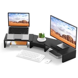 Dual Monitor Stand Riser - Computer Monitor Stand for 2 MonitorsOffice Desktop OrganizerAdjustable Length and Angle 3 Shelf with Storage Drawer Phone Holder for Monitors and Laptops-Black
