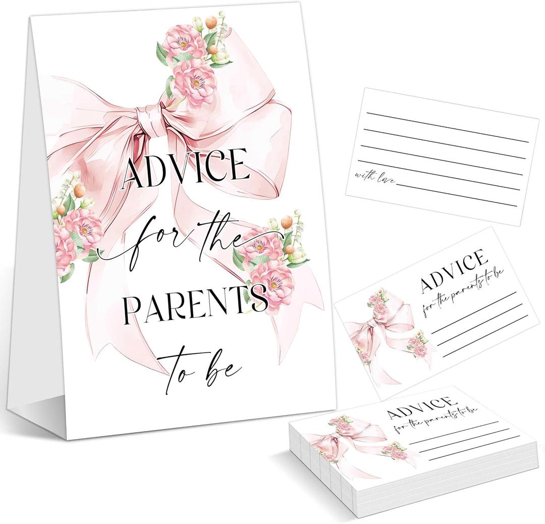 Advice for the Parents to Be Sign, Baby Shower Advice Cards, Pink Bow Baby Shower Decorations, Event Party Table Centerpiece Decor, Neutral Gender Reveal Decorations, 1 Sign and 50 Cards,10