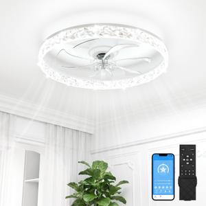 VOLISUN Low Profile Ceiling Fan with Lights and Remote, 24in Modern Ceiling Fans Flush Mount, 3000K-6500K Dimmable Bladeless LED Fan Light, White Fandelier Ceiling Fans with Lights for Bedroom