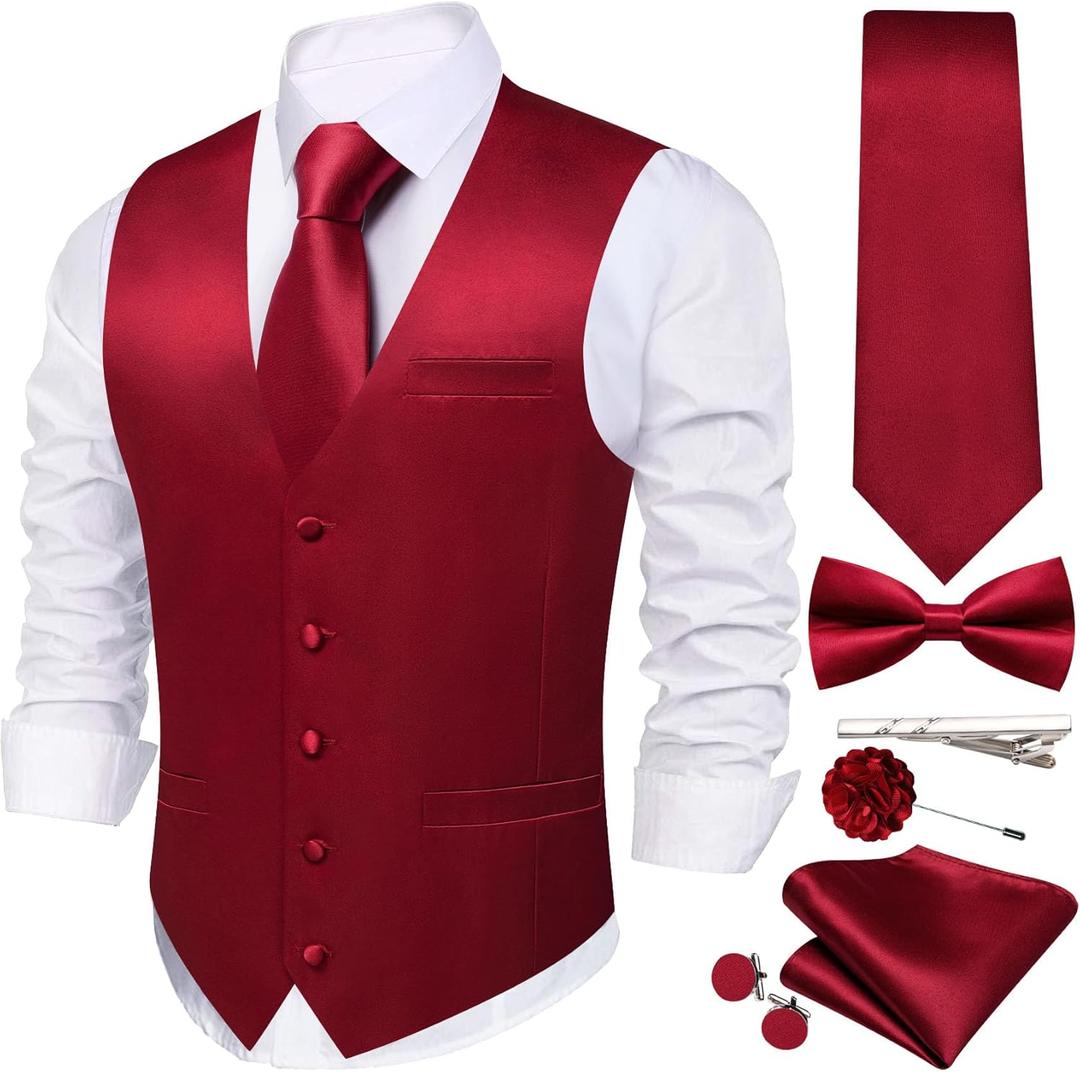 Men's Vest Tie Set Bow Tie Satin V-Neck Solid Colors Suit Waistcoat Cufflinks hanky Formal Wedding Business Tuxedo (Medium, Burnt Orange)
