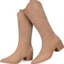 SHIBEVER Suede Knee High Cowboy Boots for Women Comfortable Tall Cowgirl Boots Zipper Low Heel Fall Winter Western Booties (8, 2679-khaki)