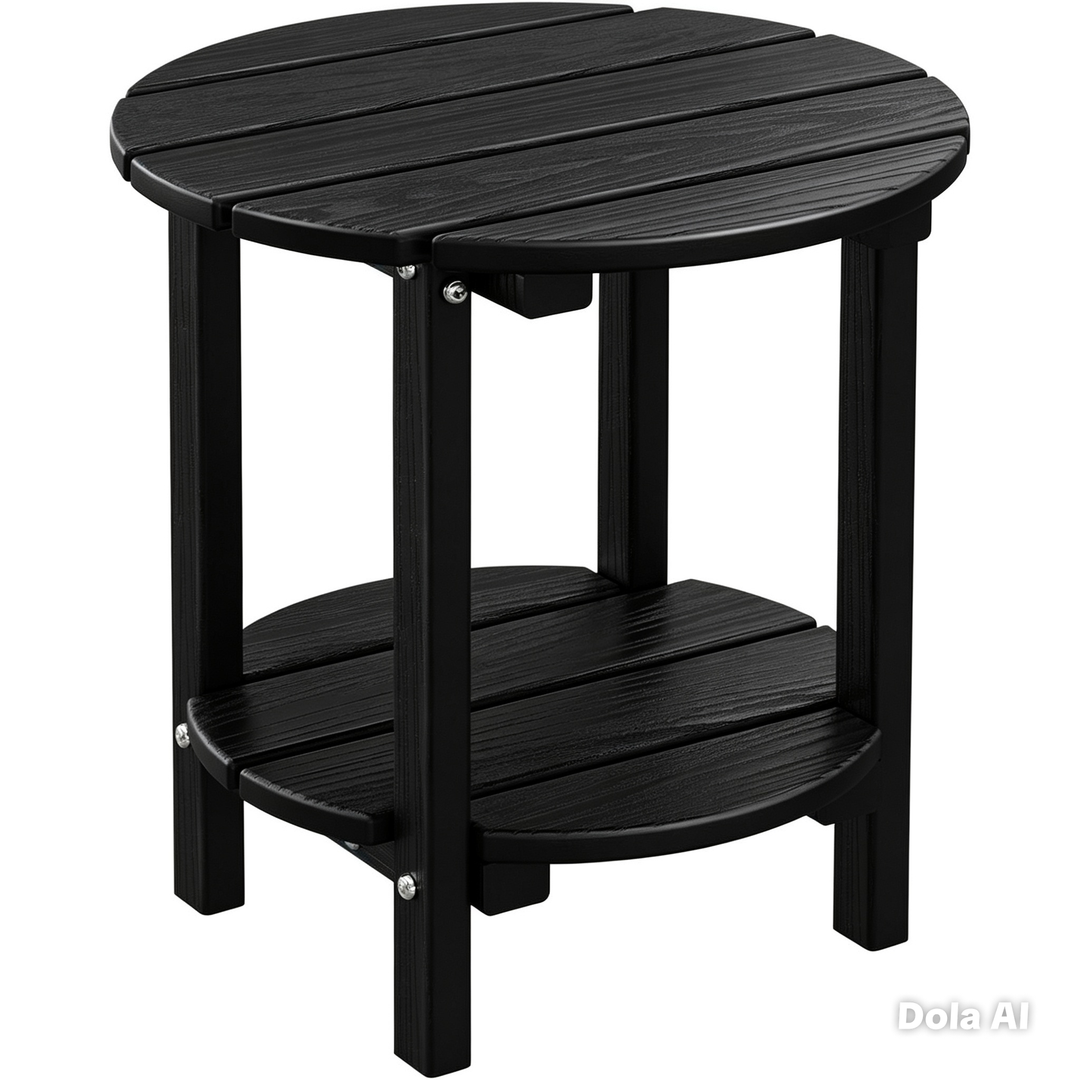 2 Tier Round Outdoor Side Table with Wood-Like Grain, HDPE Adirondack Table Patio Side Table, Weather Resistant End Table for Pool, Patio & Porch, Small Outdoor Table(Black, Round)