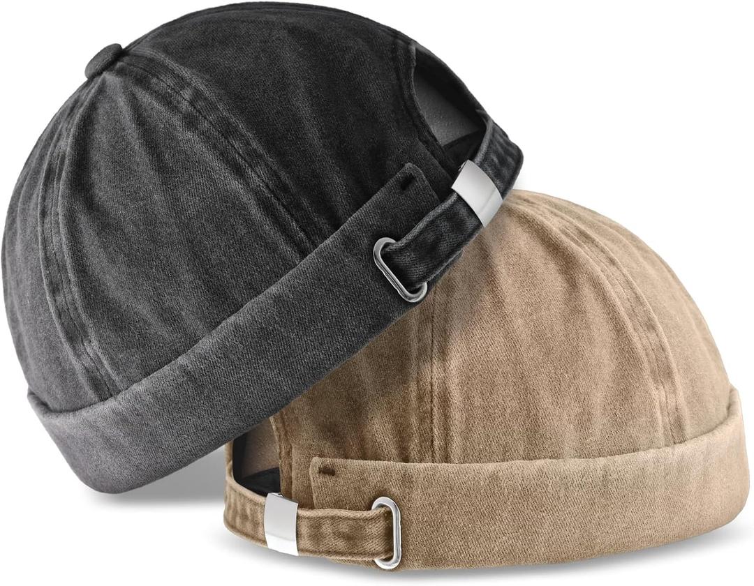SATINIOR 2 Pieces Brimless Hats for Men Adjustable Docker Cap Casual No Brim Hat Rolled Cuff Sailor Skullcap, Size: Medium