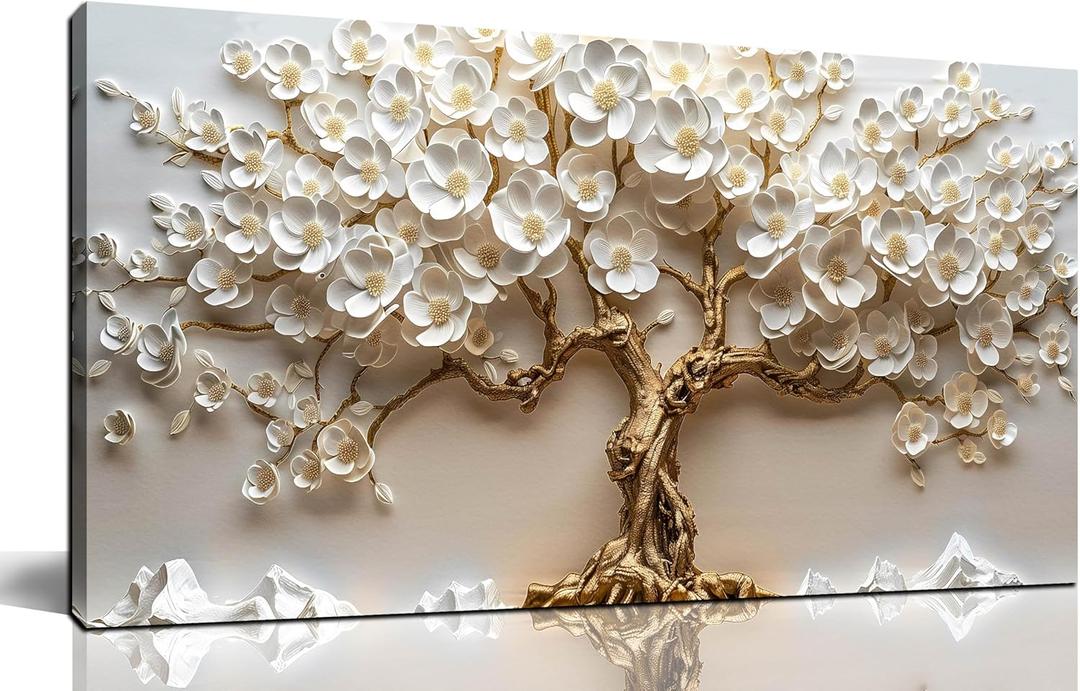 Tree Canvas Wall Art for Living Room - White Flowers Wall Decor for Office - Girls Wall Decor for Bedroom Size 20" x 40"