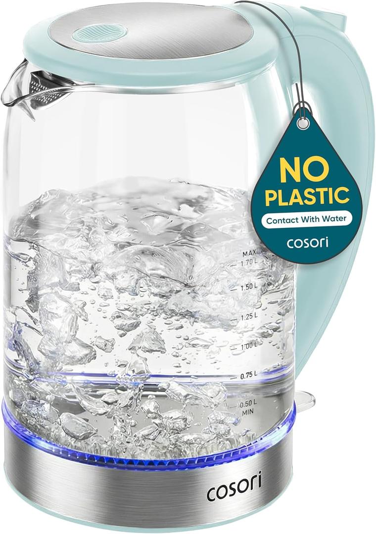Cosori Electric Kettle, No Plastic Contact With Water, Wide Mouth For Easy Cleaning, Auto Shut Off, 1.7L Tea Kettle & Hot Water Boiler, Water Heater & Teapot, Borosilicate Glass, Green, 1500W