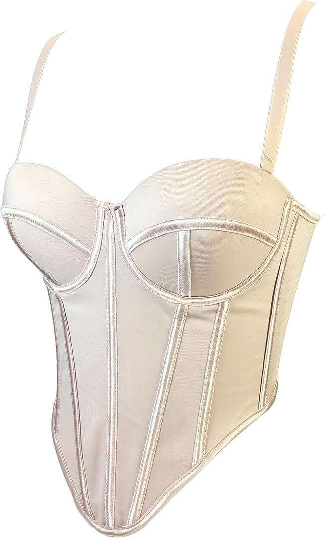 VEENDEO Women's Vintage Strap Party Bustier Corset Top Crop Top Bra Club Party Vest with Detachable Straps (Medium, Beige)