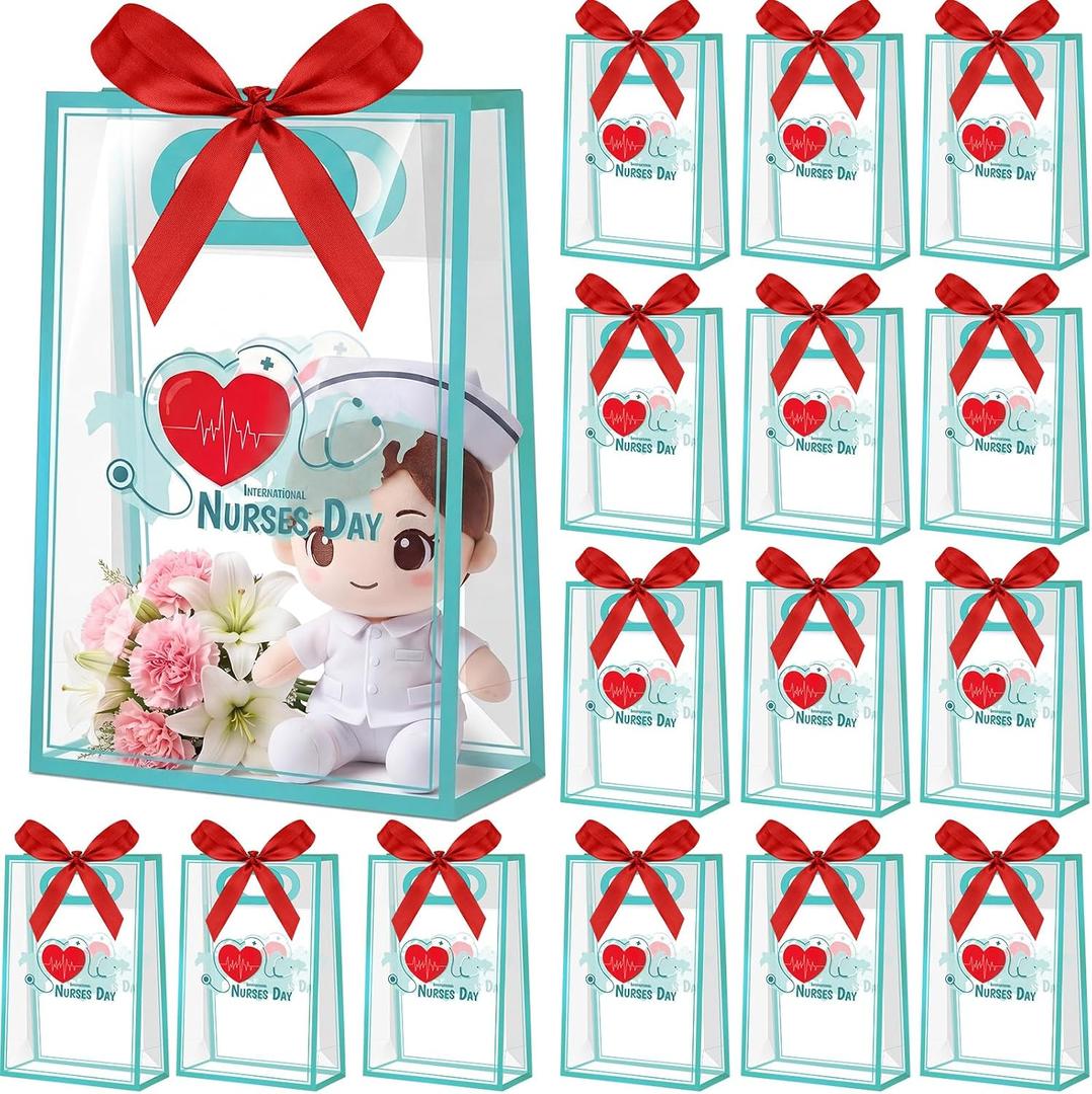 Gueevin 24 Pcs Cna Appreciation Gift Bags with Handles, Clear Reusable Plastic Cnas Week Treat Goodie Bags with Red Bow Ribbon PVC Tote for Nurses Day Graduation Doctor
