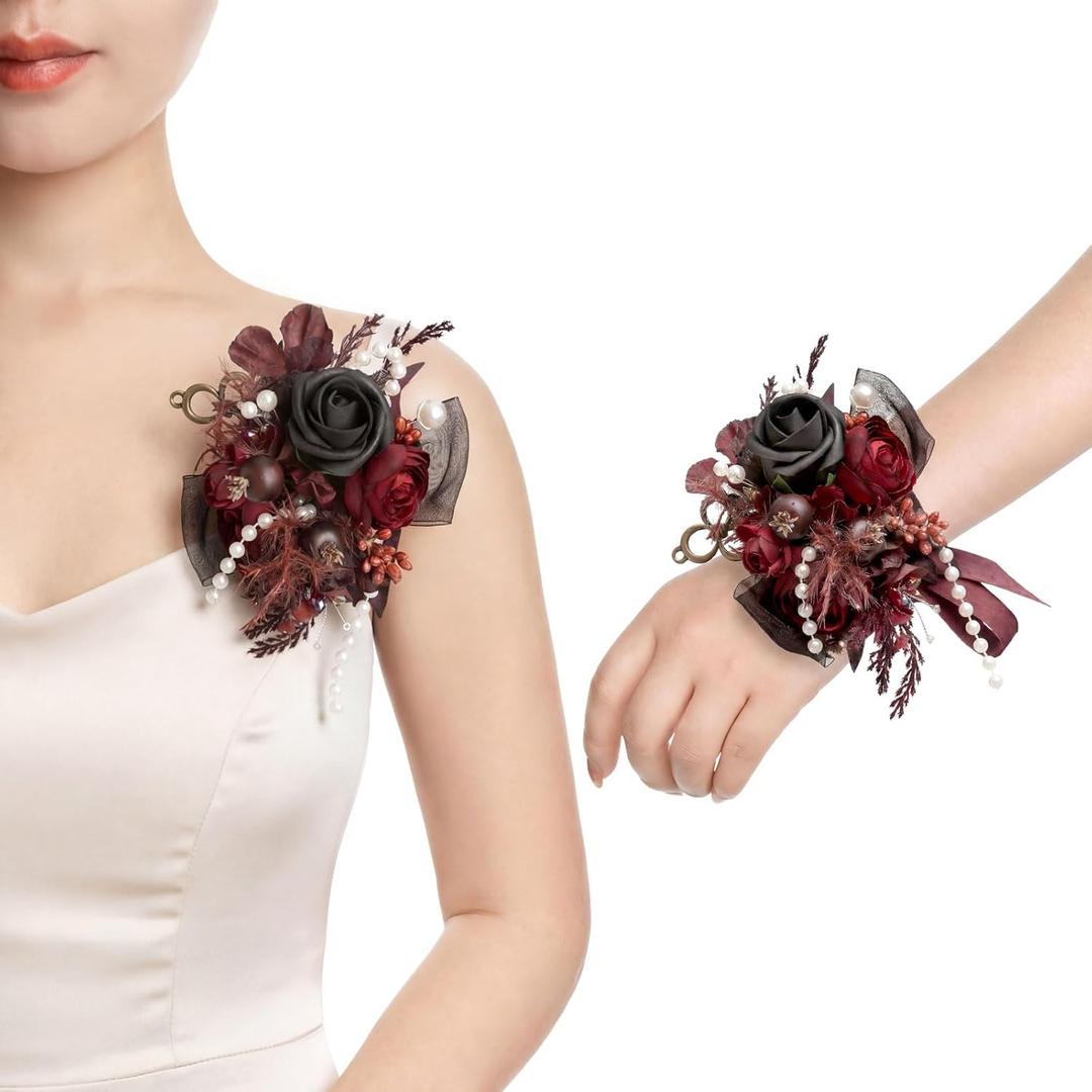 Ling's moment 2pcs Prom Wrist/Shoulder Corsage Artificial Flower, Girl/Mother Homecoming/Wedding Corsage Wristlet Dcor, etc. Black Gothic Burgundy