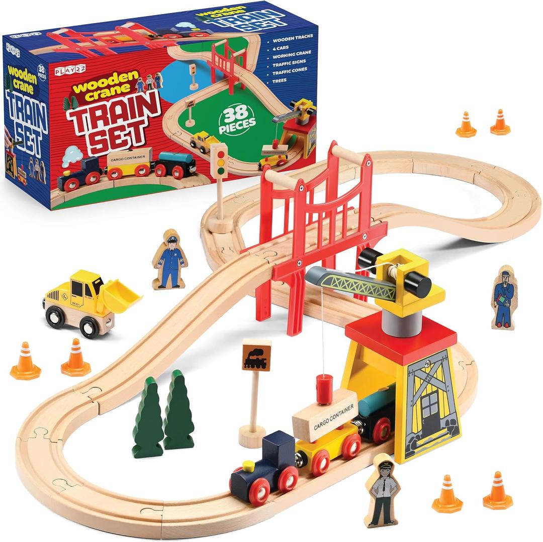 Play22 Wooden Train Set Toddler Toys - 38 Pieces Wood Train Track Set for Toddlers 3-4 Years with Crane, Bridge & Accessories