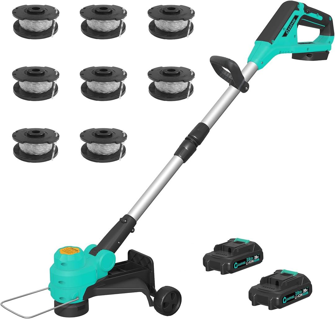 Garvee 12" Cordless Weed Wacker - String Trimmer Grass Trimmer, w/ 2 x 2.0Ah Batteries Fast Charger with Wheels, 8 pcs Spools Lines, Grass Trimmer Battery Powered Eater String