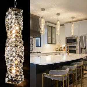 Crystal Pendant Light, LED Chrome Pendant Lighting for Kitchen Island, 3-Color Changing K9 Crystal Modern 1-Light Chandelier for Dining Room Restaurant Living Room Bedroom Hallway Foyer