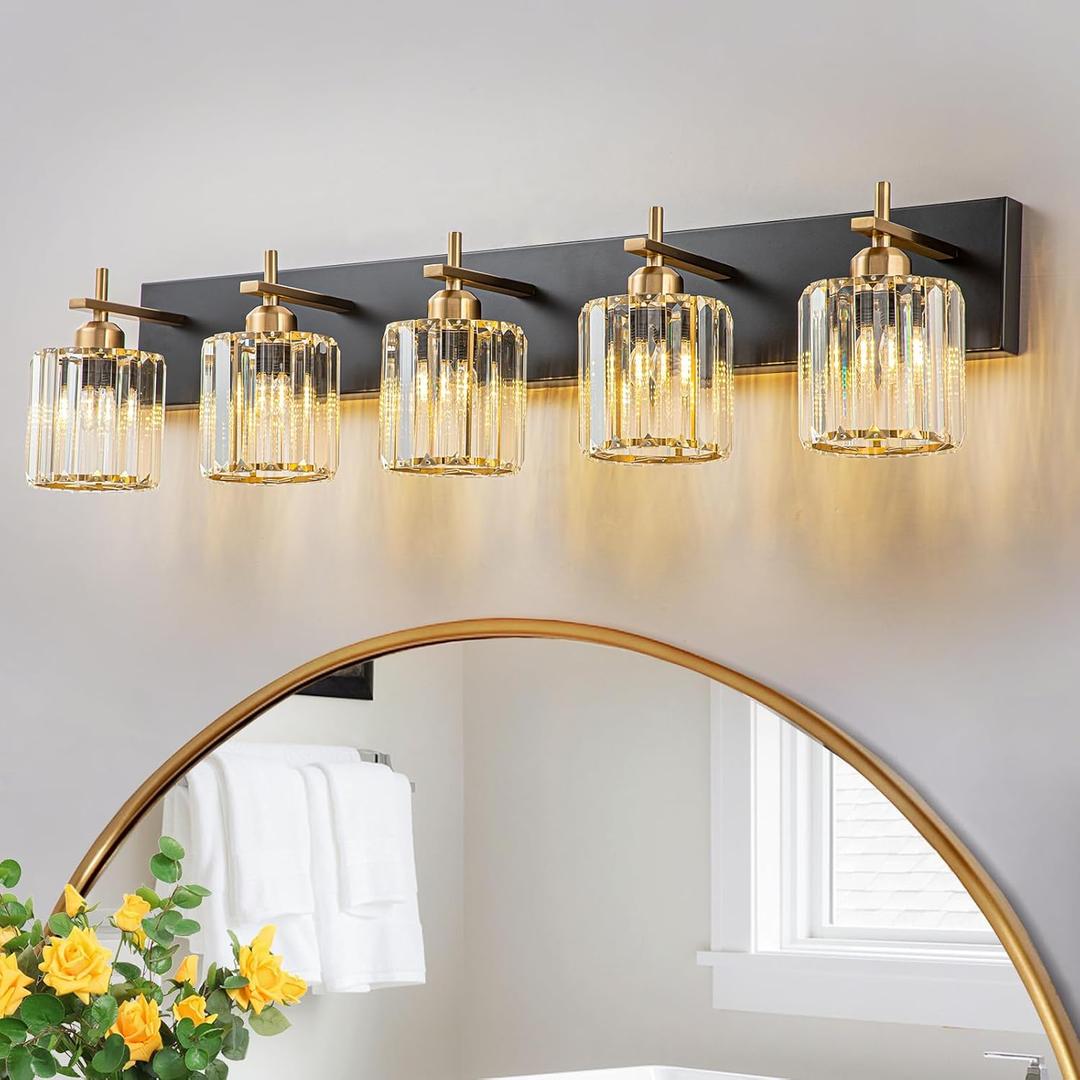 Modern Crystal Bathroom Vanity Lights, Black Gold 5-Lights Bathroom Light Fixtures Over Mirror, Crystal Wall Lighting with Polished Gold Finish(Exclude Bulb)