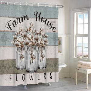 Renaiss 72x72 Vintege Cotton Floral Shower Curtain Farm House Flowers in Gray Mason Jar Rustic Wooden Plank Fabric Shower Curtains for Bathroom Decor Waterproof Polyester with Hooks (Wsyfx02932)