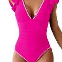 Aidonger Women's One Piece Ruffle Swimsuit Tummy Control Bathing Suit V Neck Shell Stitched Swim Suit Slimming Swimwear (Pink, S)