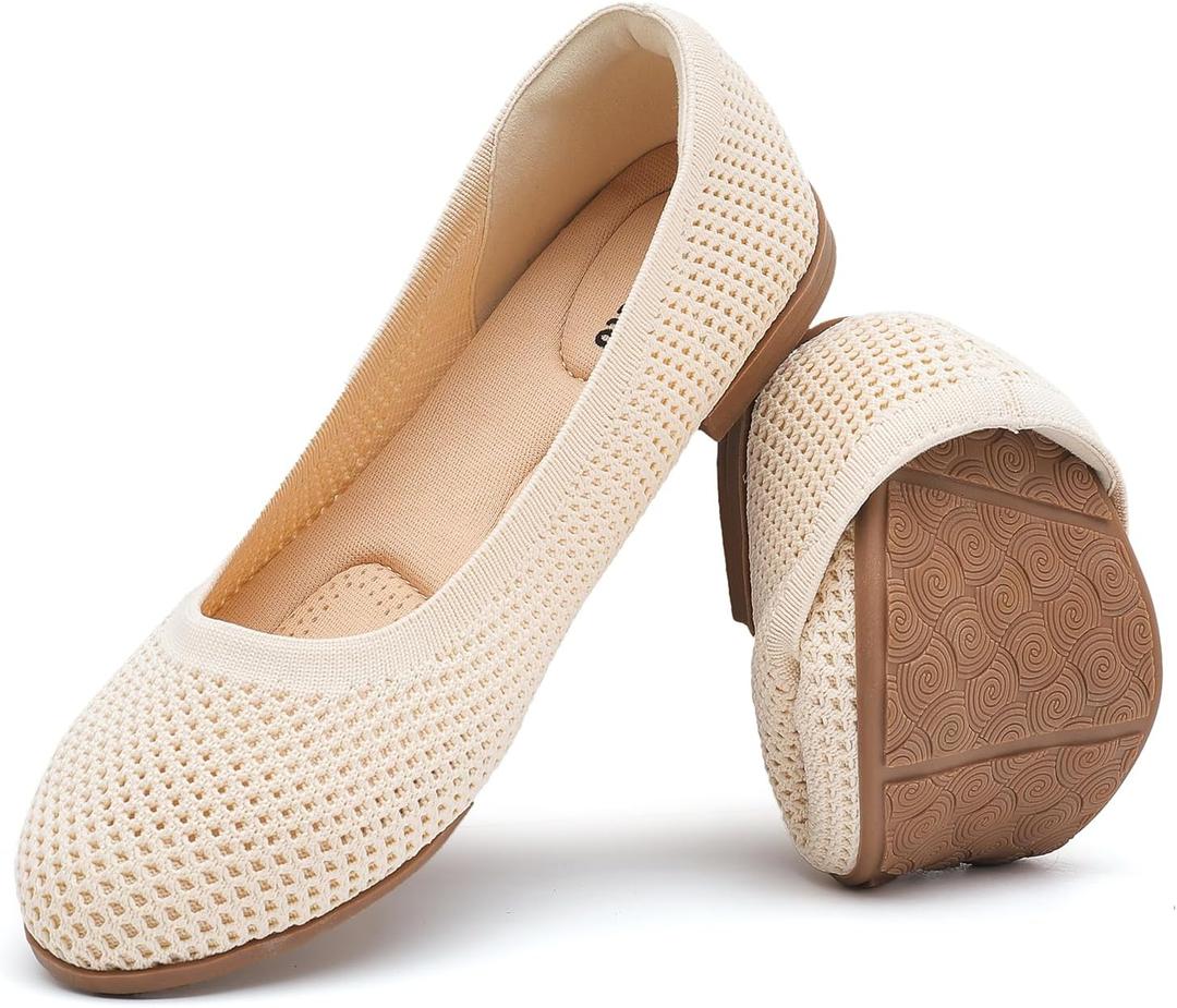 Saidoteto Women's Wide Ballet Flats,Comfortable Round Toe Slip-On Elastic Knit Flat Shoes Casual Office Dress Shoes for Work & Walking (9, Beige)