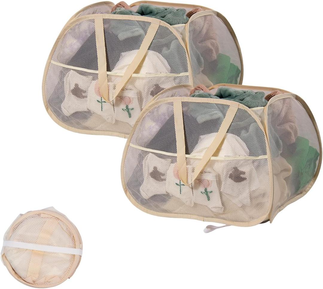 Collapsible Laundry Basket, 90L Foldable Pop Up Laundry Hamper with Handles, Mesh Dirty Clothes Hamper for Laundry, Bathroom, Kids Room, Dorm,Travel or Camping (Beige, 2PCS)