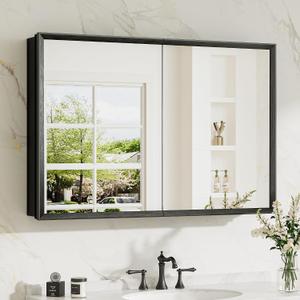 TokeShimi 36 x 24 Black Recessed Medicine Cabinets, Assembly Required, Bathroom Mirror Medicine Cabinet, Lightweight Aluminum Frame Stepless Adjustable Shelves, Tempered Glass