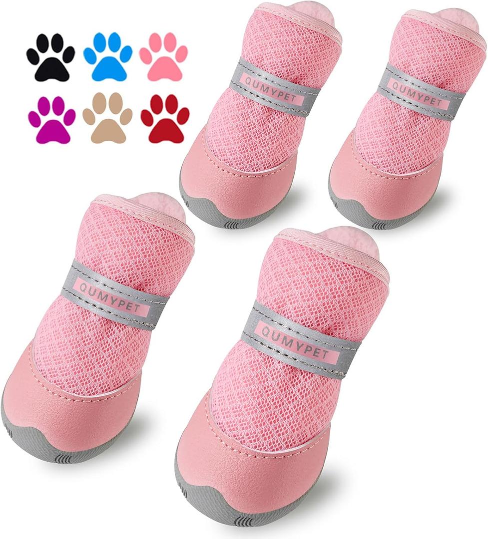 QUMY 4PCS Dog Shoes for Small Dogs, Hot Pavement Summer Puppy Dog Boots & Paw Protectors with Soft Anti-Slip Rubber Sole, Mesh Breathable Dog Booties for Hardfloors, Walking Running Pink Size 3