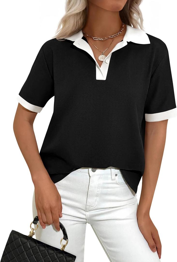 PRETTYGARDEN Summer Short Sleeve Polo Shirts for Women Collared V Neck Work Dressy Tops Knit Loose Business Casual Outfits (Black, S)