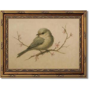 Myzoran Gold Framed Bird Canvas Wall Art,Vintage Birds Wall Decor Aesthetic,Cherry Blossom Beige Printing Artwork,Spring Rustic Minimalist Pictures, for Living Room Nursery Bedroom Decor 9X11in