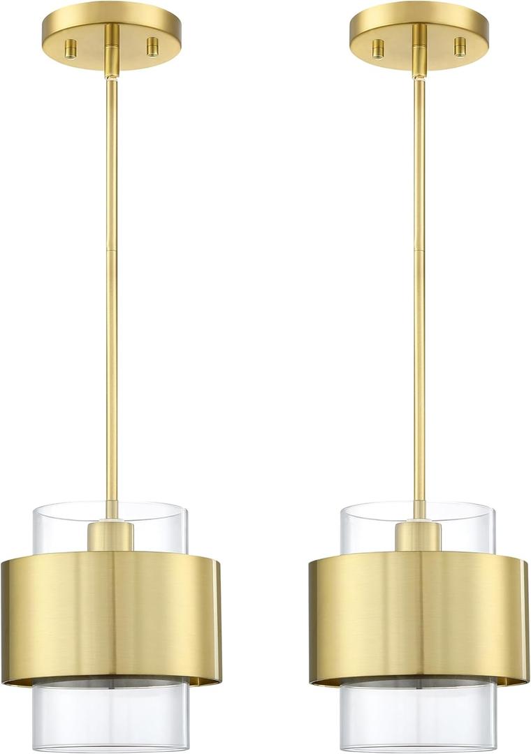 1 Light Hanging Indoor Kitchen Island Pendant Ceiling Light Fixture,5.5" Drum Glass Chandelier Shade Modern Farmhouse Dinning Over Sink (Rod Clear Glass, 2 Pack)