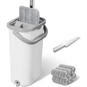 Wall Mop and Bucket Set: Wringing Wall Scrubber for Bathroom Cleaning Floor Mop with Spinner for Kitchen Lovely Gift for Women 6 Reusable Pads