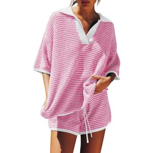 Tankaneo Womens Sweater Set 2 Piece Outfits Oversized 3/4 Sleeve V Neck Knit Tops High Waisted Shorts Lounge Sets (X-Small, Light Pink)