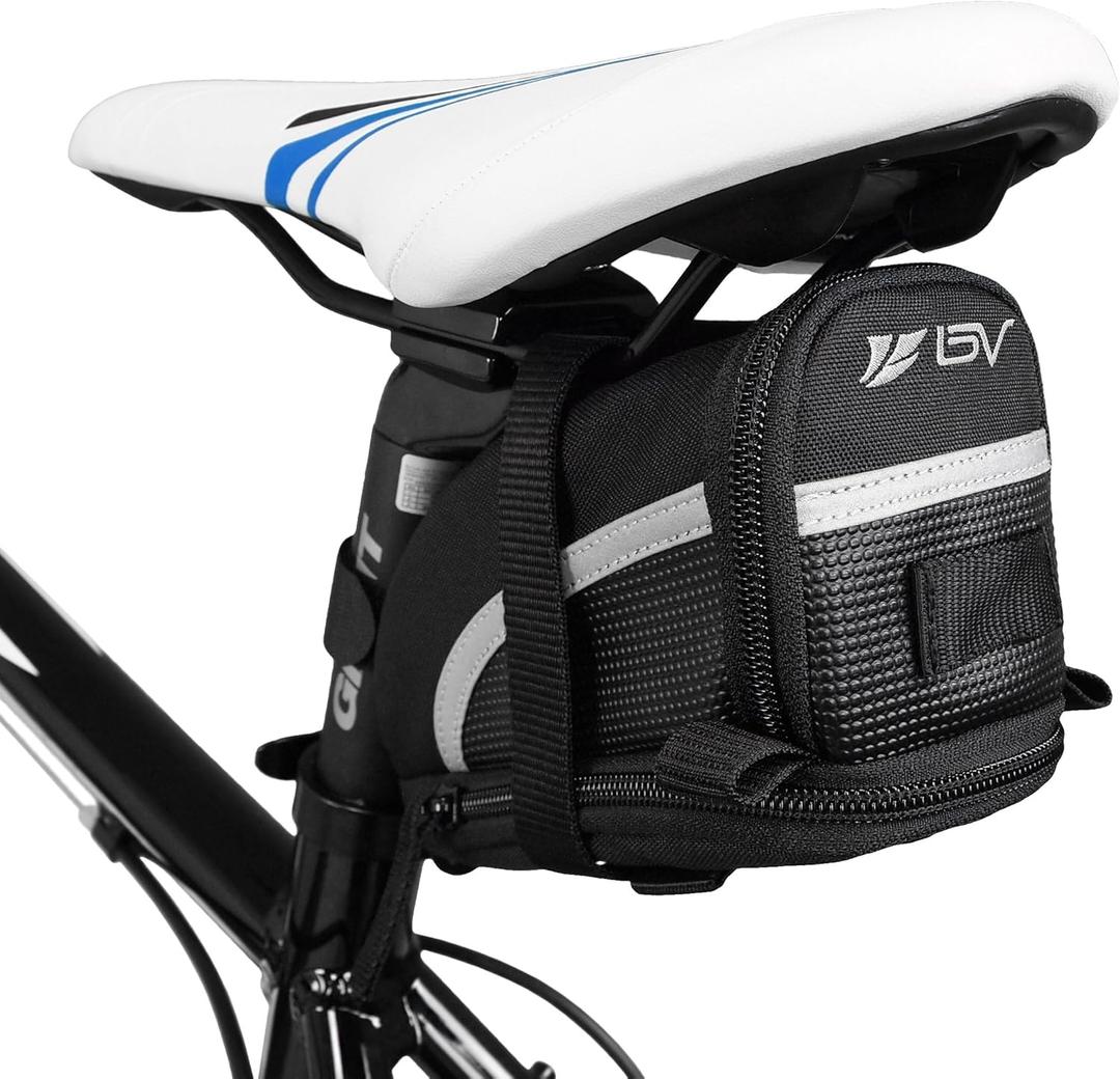 BV Strap-On Bike Bag with Reflective Material - Capacious Saddle Bag with Seperate Divider for Small Items & Room for All Your Essentials - Bike Pouch with Taillight Hanger for Maximum Safety (Large)