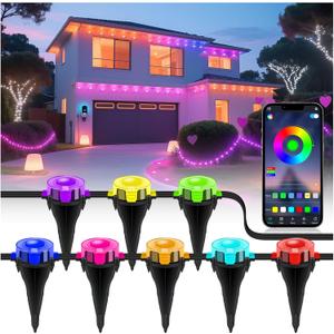 RGB Outdoor Ground Lights 50 FT, Permanent Outdoor Lights for House, Bluetooth Music Sync, IP67 Waterproof, Timer, Remote & App Control for Eaves,Landscape and Pathway Lights.