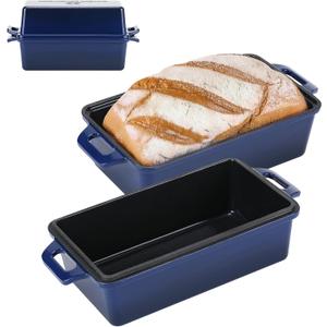 Northriver Casting 2 in 1 Enameled Cast Iron Bread Pan with Lid, Perfect Bread Oven, Loaf Pans for Baking Homemade Sourdough Bread 9x5, 2 Piece set, Navy Blue