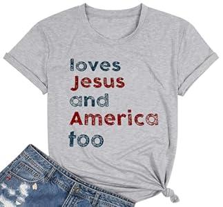 4th of July Tops for Women Loves Jesus and America Too Shirt Patriotic Shirts Red White and Blue Tshirts Gray, Large
