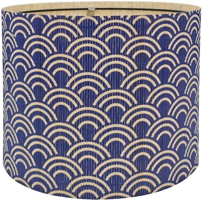 Modern Bamboo Drum Lamp Shade with Blue Art Deco Pattern, Table and Floor Lamp Shade, 11.8 x 9 Inch