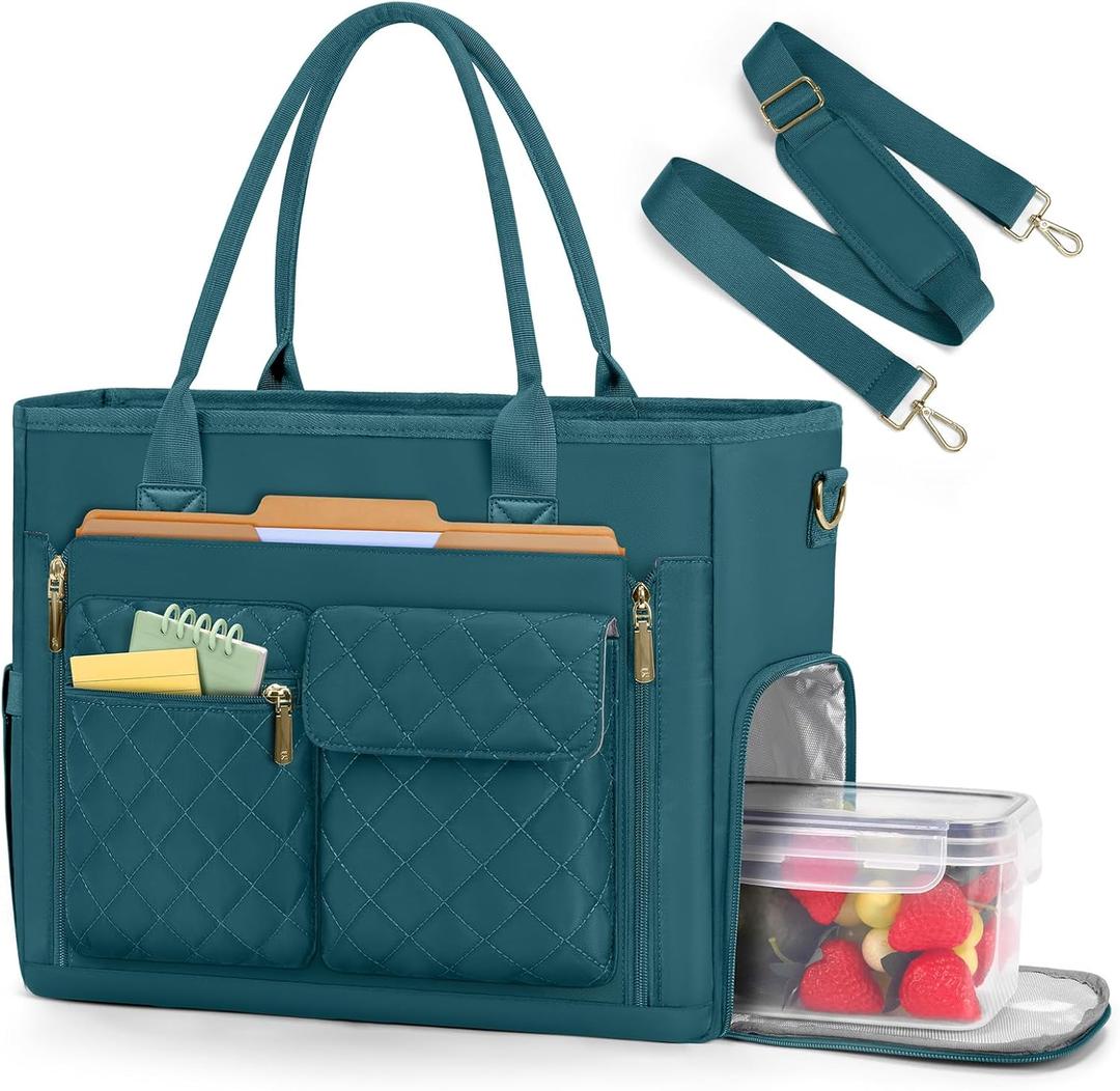 RAINSMORE Teacher Tote Bag with Insulated Lunch Compartment 15.6 inch Laptop Bag for Women Lightweight Work Bags Nurse Bags (Green)
