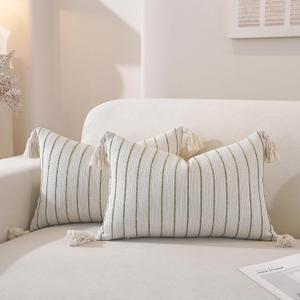 Decorative Boho Throw Pillow Covers 20x12 Inch Set of 2, Dusky Green Striped Lumbar Neutral Pillow Covers with Tassels, Soft & Cozy Farmhouse Couch Pillow Cases for Sofa Couch Bed Living Room