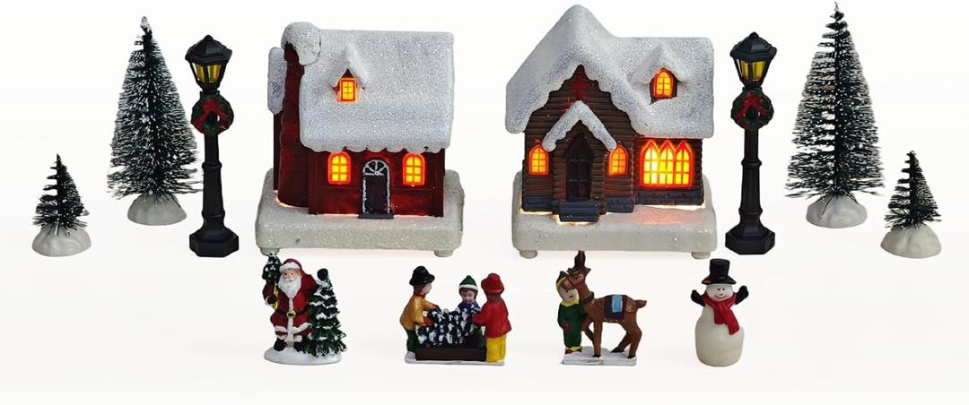 Christmas Village Sets, 12 Pcs Christmas Village Houses with Figurine Accessories Town Building Collection Decoration