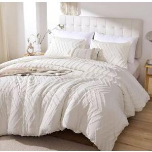 White Twin Size Comforter Set 2Pcs, Boho Farmhouse Twin Size Bedding Set, Vertical Tufted Twin Bed Set, Lightweight Neutral Bedroom Set (1 Comforter 1 Pillowcase)