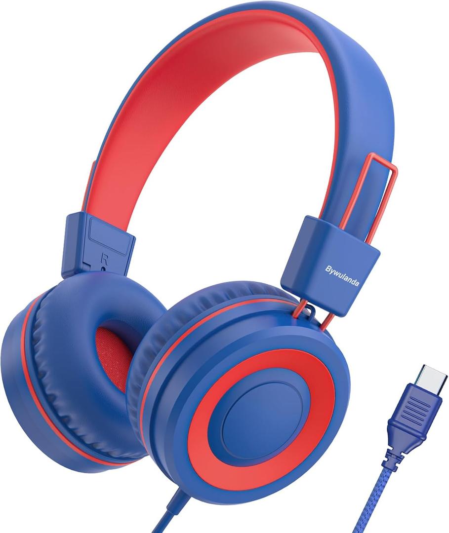 Bywulanda Upgrade USB Type C Kids Headphone for School, 94dB Safe Volume Limited, HD Stereo Sound, Foldable Lightweight On-Ear Headphones for Boys/Girls/Students/Tablet/Travel(Navy Blue)