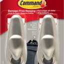 Command 5 lb Large Brushed Nickel Metal Hooks, 2 Coat Hooks and 4 Strips, Damage-Free Hanging with Adhesive, Great for Christmas Decorations